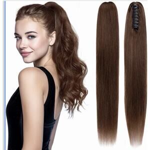 Human Hair Ponytail Extension with Claw Clip, 18”, 113g, Medium Brown Soft Look